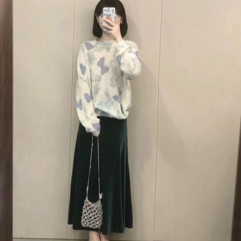 Crewneck Butterfly Jacquard Sweater / Midi A-Line Skirt / Set Product Image