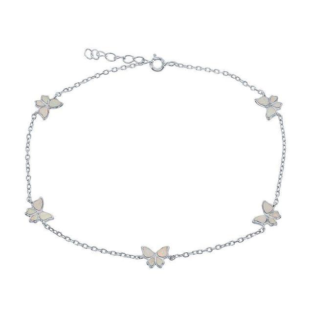 Sterling Silver & Lab-Created Opal Butterfly Pendants Anklet, Womens White Product Image