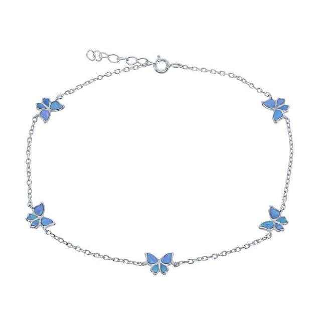 Sterling Silver & Lab-Created Opal Butterfly Pendants Anklet, Womens Blue Product Image