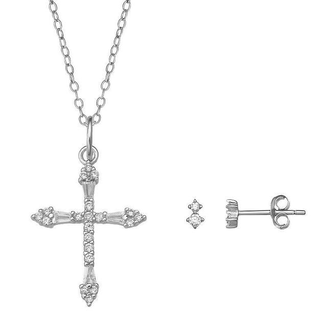 PRIMROSE Cubic Zirconia Double Round Stud Earrings & Cross Pendant Necklace Set, Womens Grey Product Image