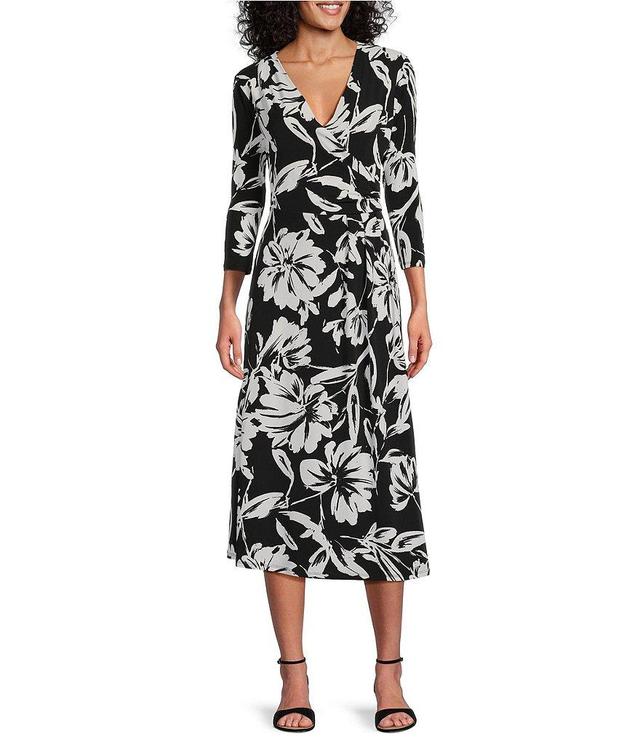 Investments Soft Separates Floral Gestures Print Surplice V-Neck 3/4 Sleeve Faux Wrap Midi Dress Product Image