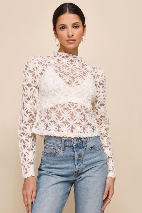 Iconic Persona Ivory Sheer Floral Applique Long Sleeve Top Product Image