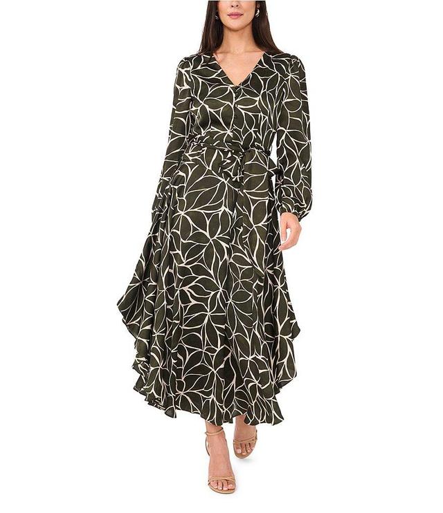 Vince Camuto Leaf Print Woven V-Neck Long Blouson Sleeve Button Front Tie at Waist A-Line Ruffle Flounce Shirttail Maxi Dress Product Image