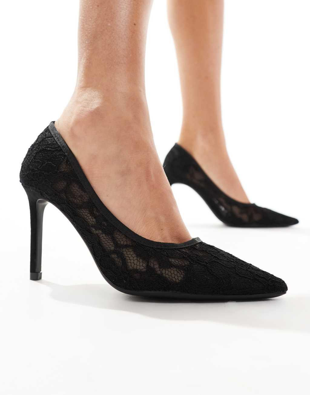 SEQWL pointed pumps with stiletto heel in black lace Product Image