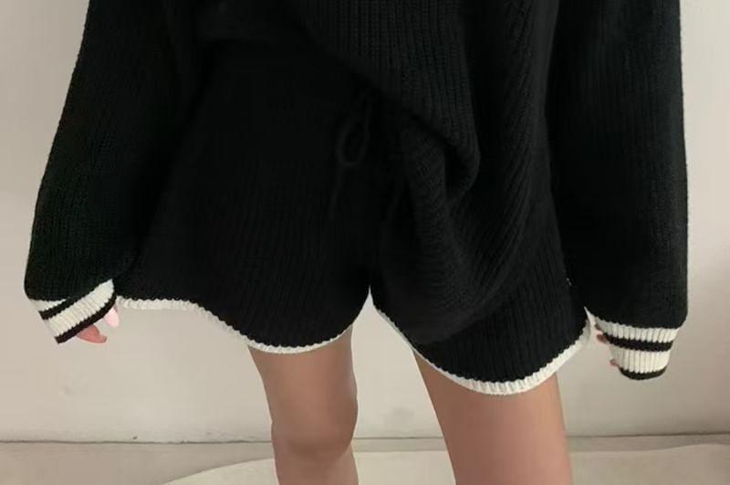 Set: Long-Sleeve V-Neck Contrast Trim Sweater + High Waist Shorts Product Image