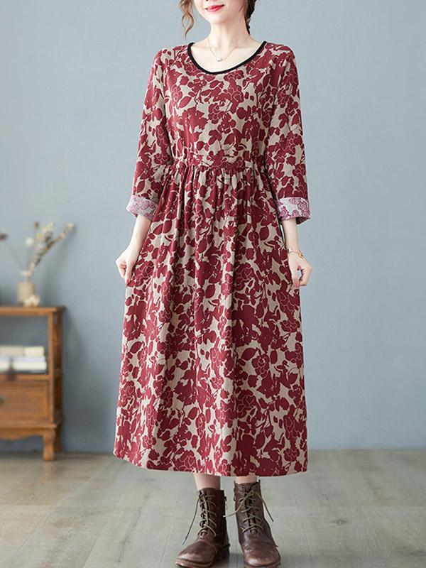 Artistic Retro Ramie Cotton Floral Printed Pleated Round-Neck Long Sleeves Midi Dress Product Image