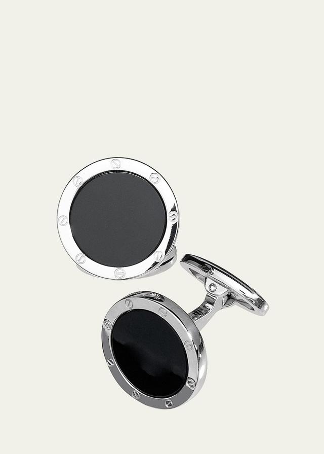 Mens Etched Rivet Round Onyx Cufflinks Product Image