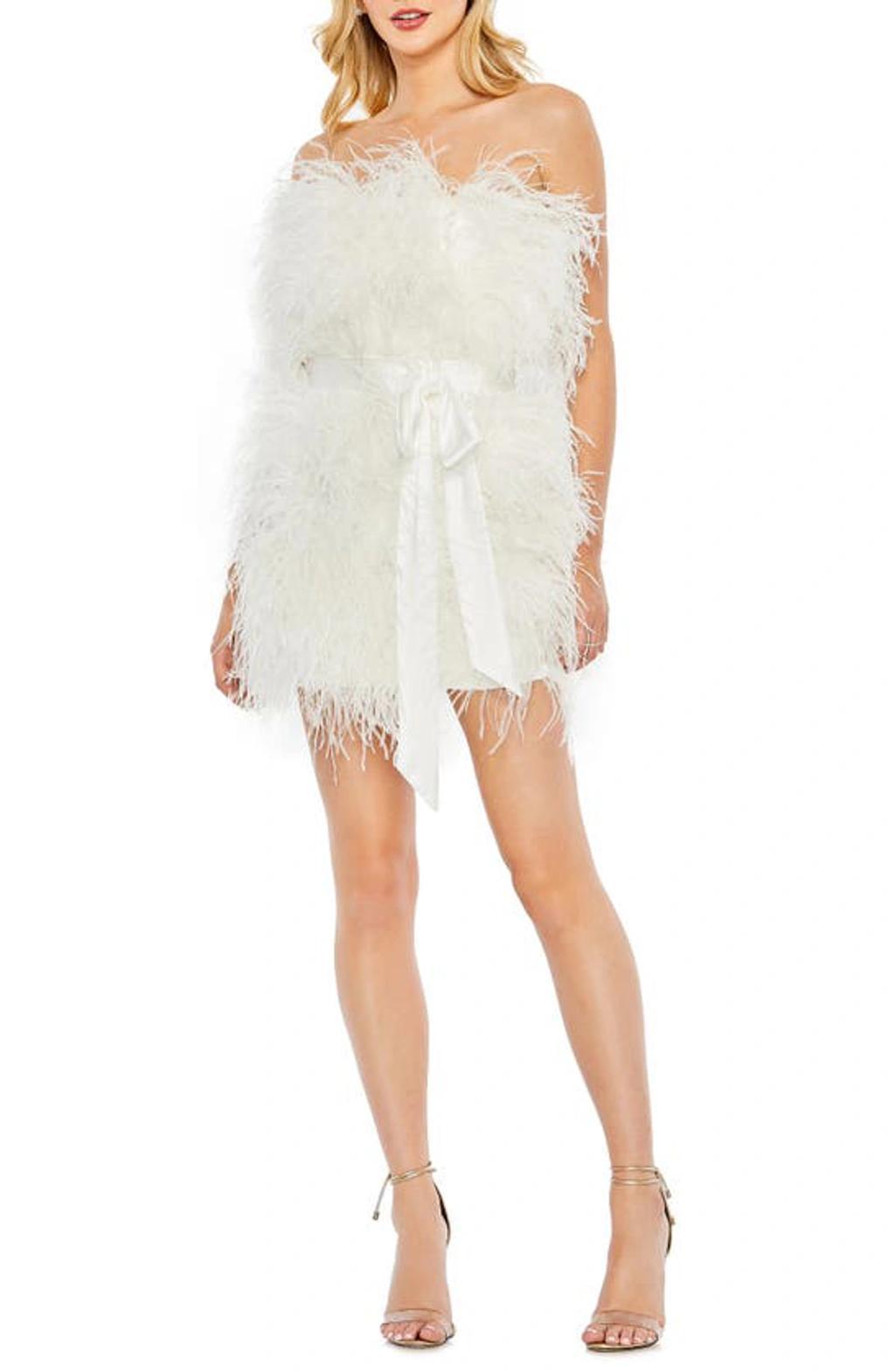 Women's Feather Strapless Mini Dress In White Product Image