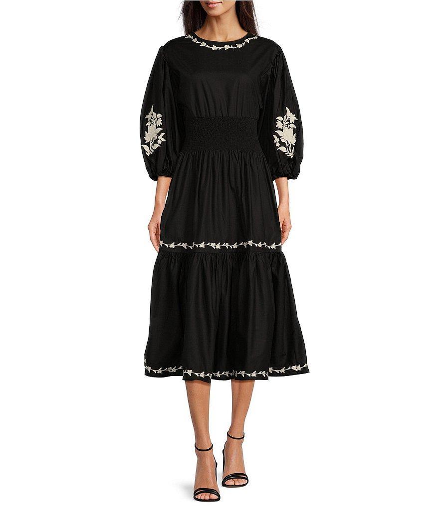 Fanm Mon Sundial Floral Embroidered Boat Neck Short Puff Sleeve Smocked Waist A-Line Tiered Flounce Midi Dress Product Image