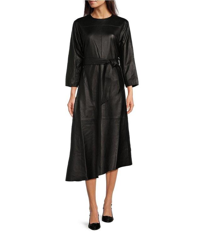 Le' AL.X Leather Round Neck Dolman 3/4 Sleeve Tie Waist A-Line Asymmetrical Flounce Midi Dress Product Image