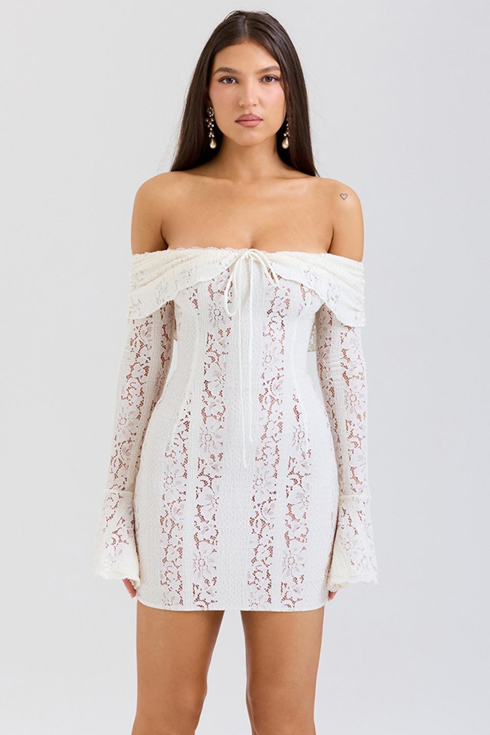 Sadie Vintage Cream Floral Lace Off Shoulder Mini Dress Product Image