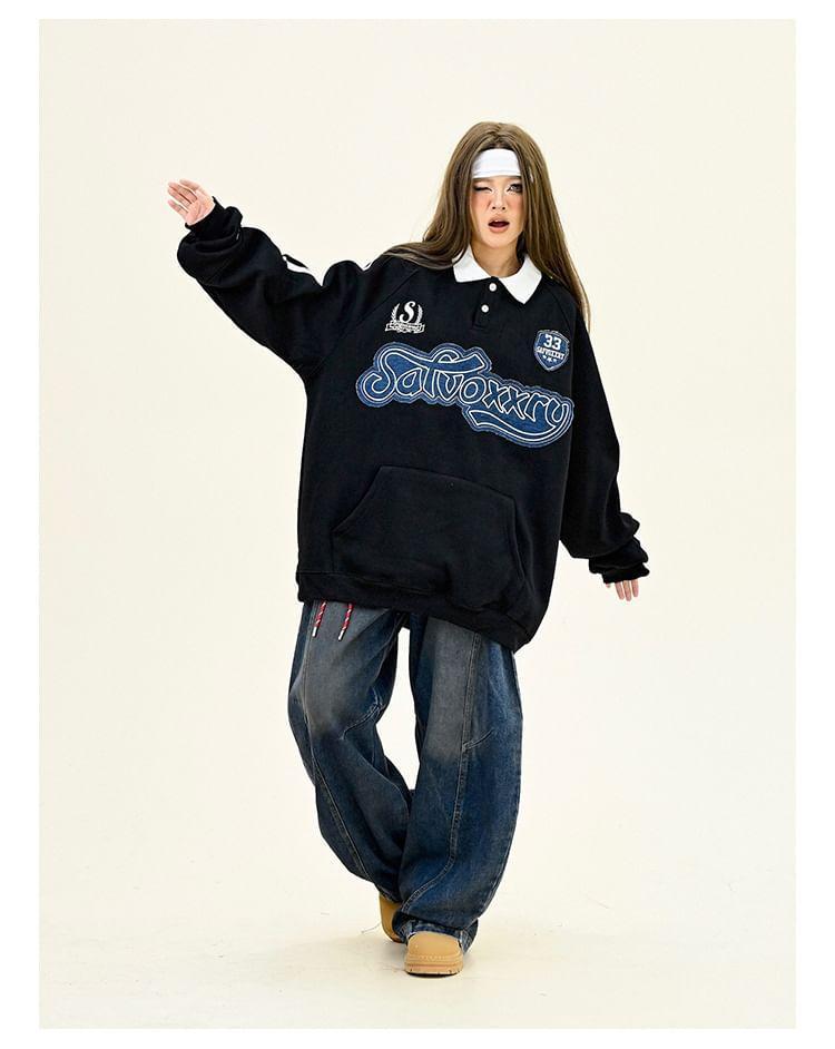 Polo Collar Lettering Embroidered Oversized Sweatshirt Product Image