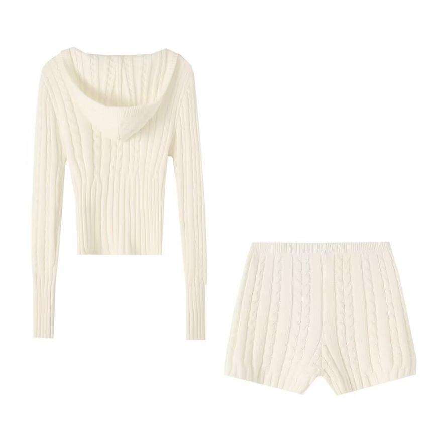 V-Neck Plain Hood Cable Knit Sweater / Mid Rise Shorts Product Image