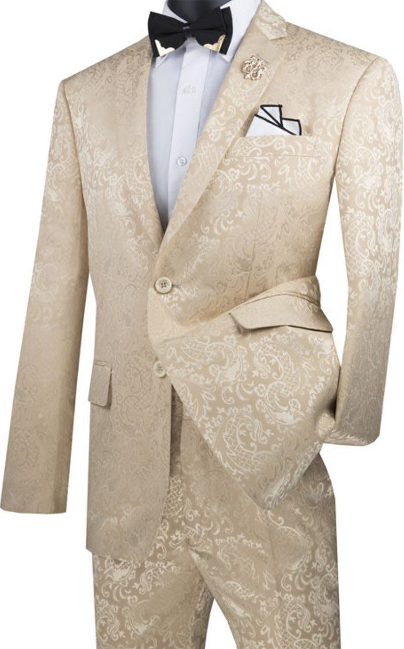 Beige Tone on Tone Paisley Pattern Slim Fit Men's 2 Piece Suit 2 Button Male Product Image