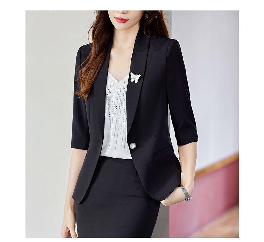 3/4-Sleeve Plain One-Buttoned Blazer / Mini Pencil Skirt Product Image