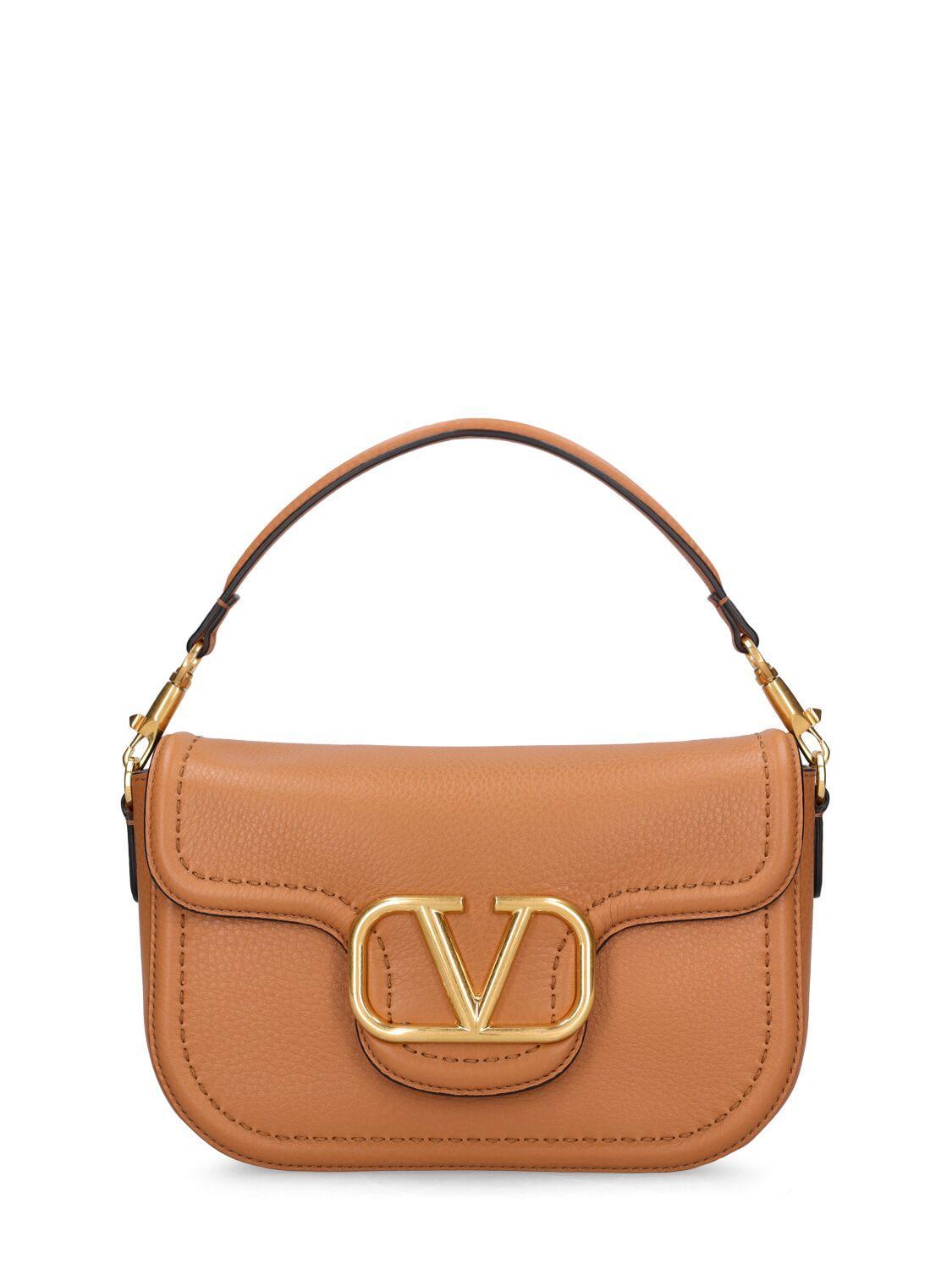 Structured Leather Shoulder Bag With Gold Hardware In Almond Beige Product Image