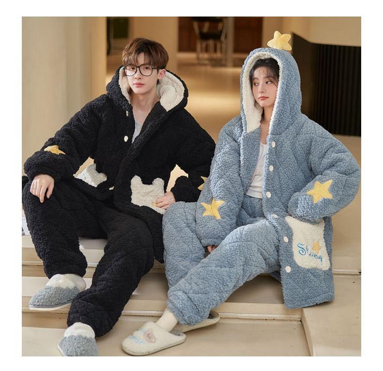 Couple Matching Pajama Set: Cartoon Patterned Hood Coral Fleece Button Jacket + Straight Leg Pants Product Image