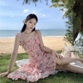 Ruffle Strap Floral Print Asymmetrical Midi Layered Sundress product image