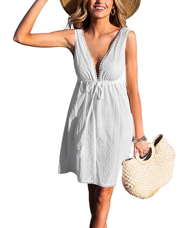 Cupshe Womens White Tassel Eyelet Cover-up Beach Dress Product Image