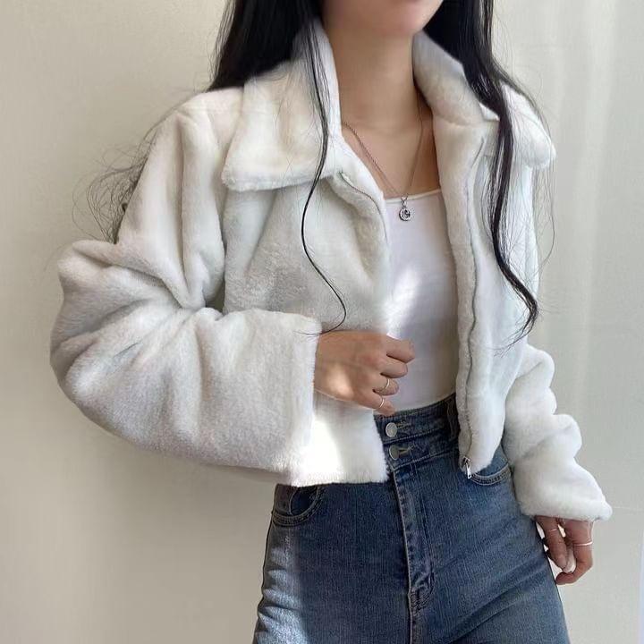 Long Sleeve Collared Zip Up Furry Cropped Jacket Product Image