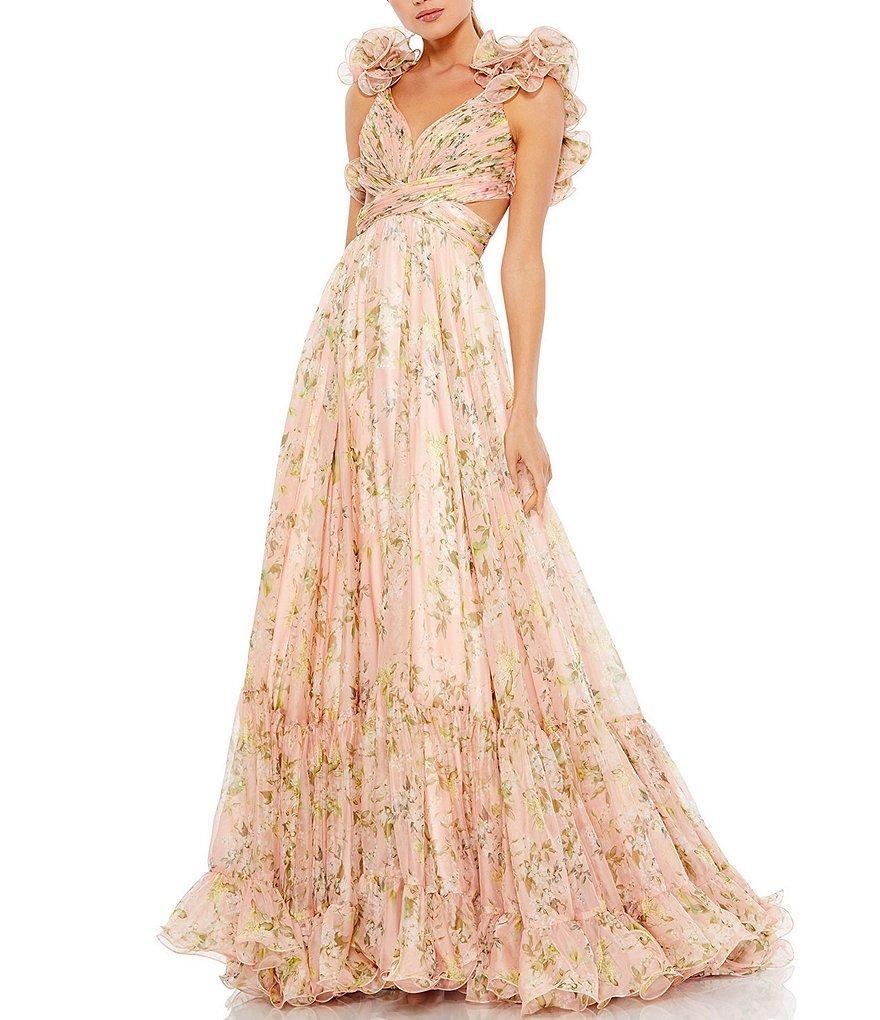 Mac Duggal Floral Chiffon V-Neck Sleeveless Ruffle Shoulder Side Cut-Out Gown Product Image