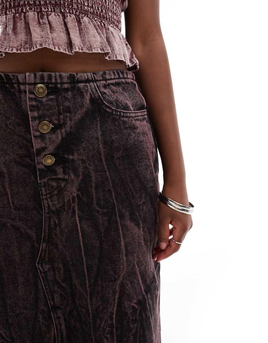 Deus Ex Machina acid wash denim maxi skirt in brown Product Image