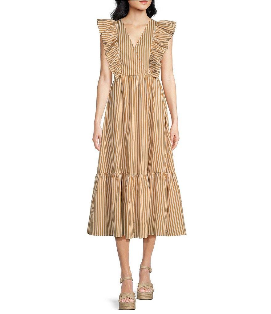 Sugarlips Luna Striped Poplin Surplice V Neck Sleeveless Midi Dress Product Image