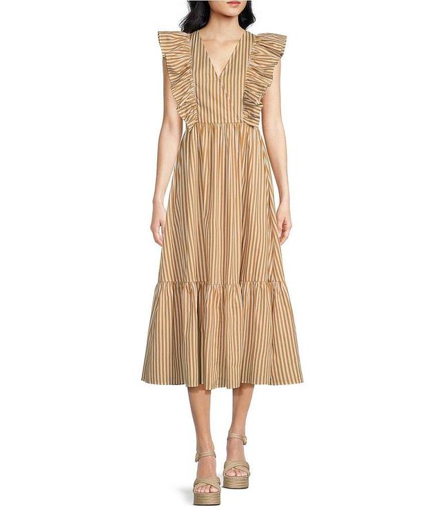 Sugarlips Luna Striped Poplin Surplice V Neck Sleeveless Midi Dress Product Image