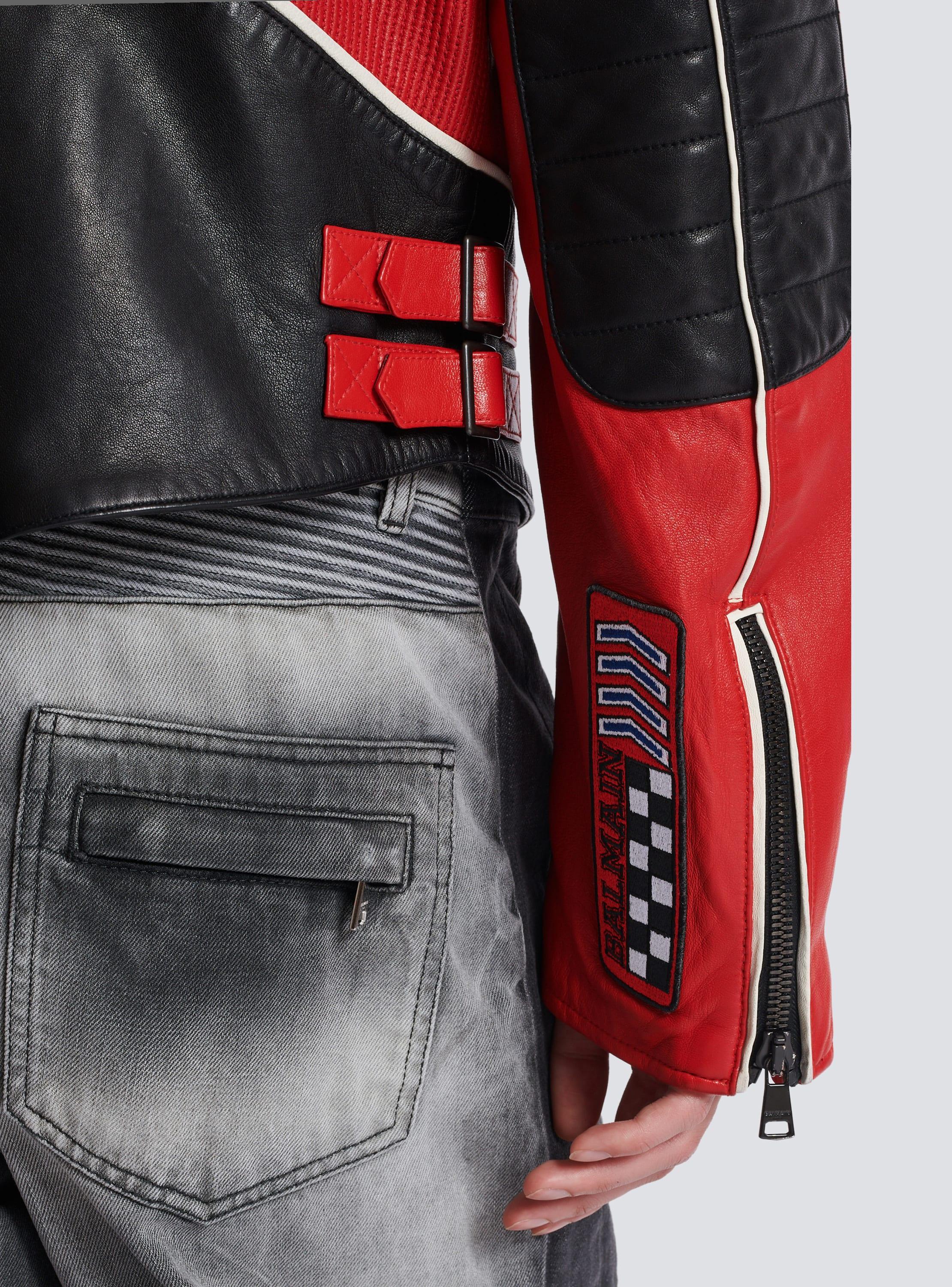 Lambskin jacket with Balmain Racing patches Product Image