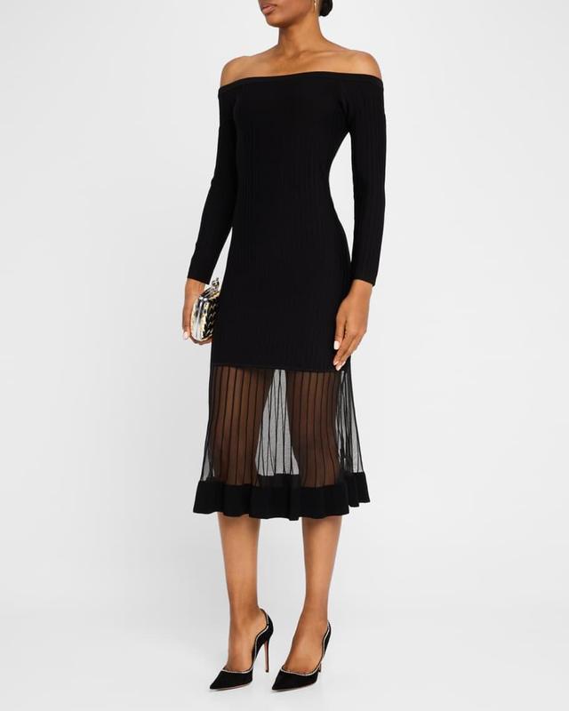 Off-Shoulder Sheer Inset Knit Midi Dress Product Image