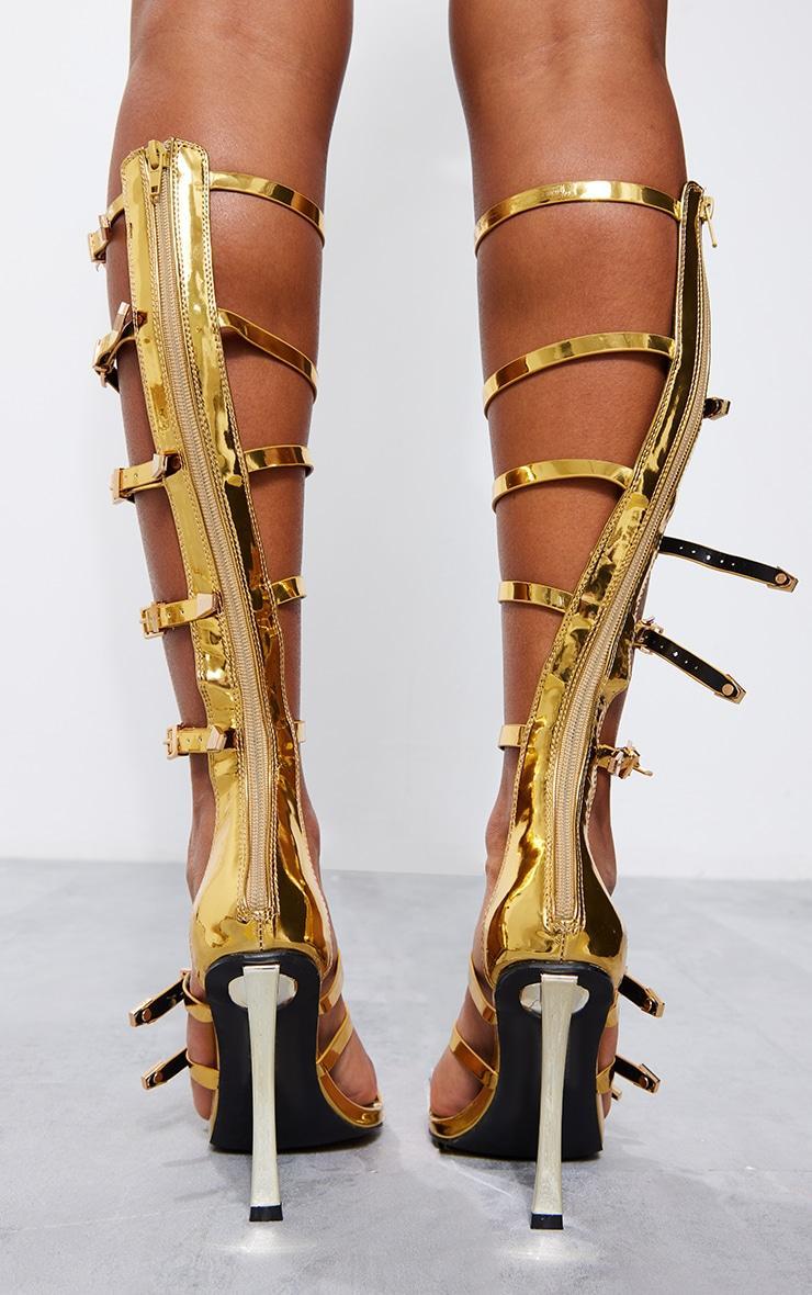 Gold Pointed Multi Buckle Strap Knee High Heeled Sandals Product Image