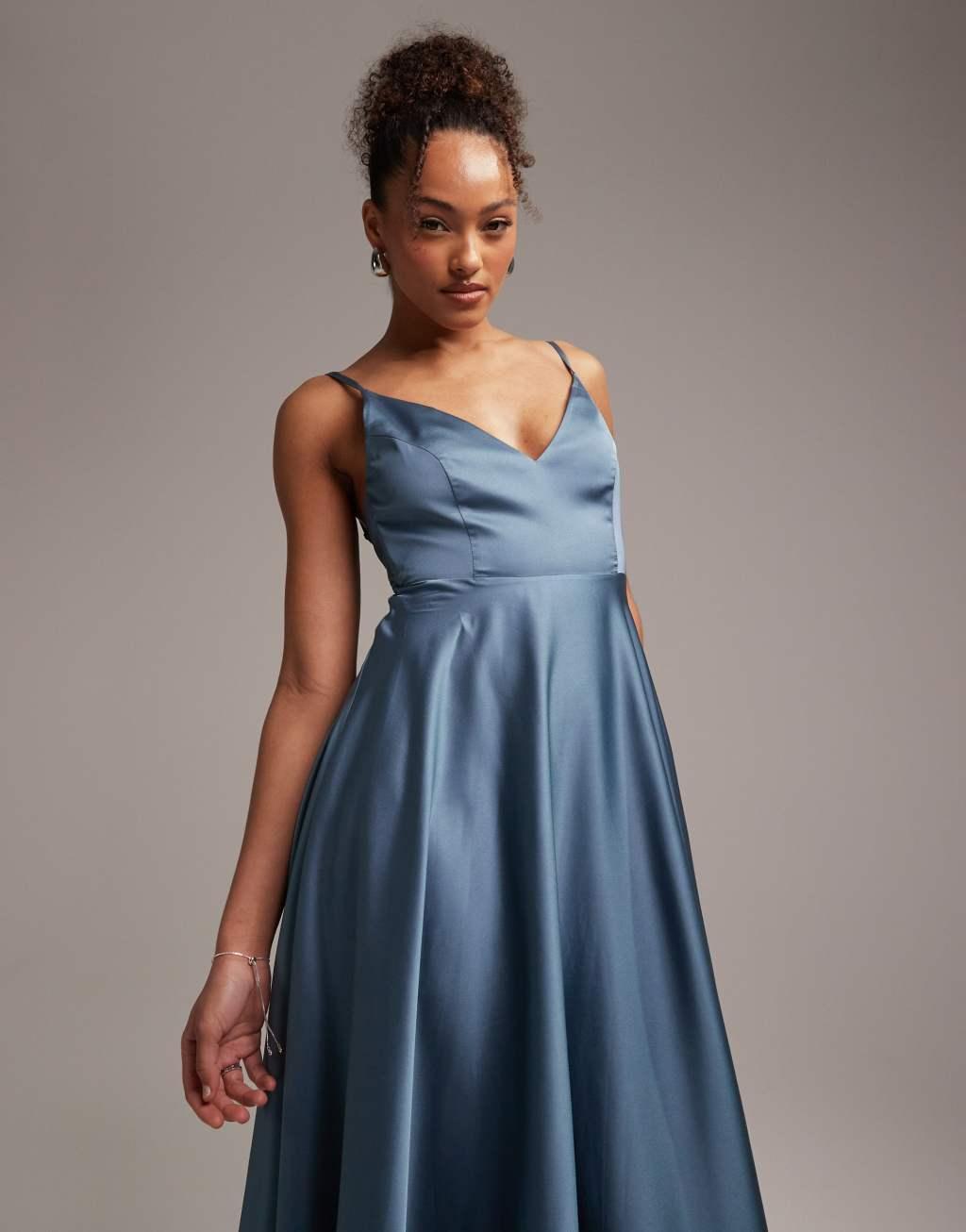 ASOS DESIGN satin midi dress with tie back in dusky blue   Product Image