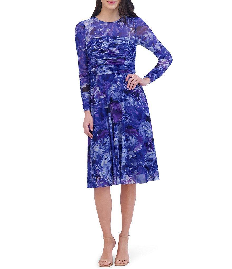 Eliza J Illusion Floral Mesh Illusion Round Neck Long Sleeve Ruched Midi Dress Product Image