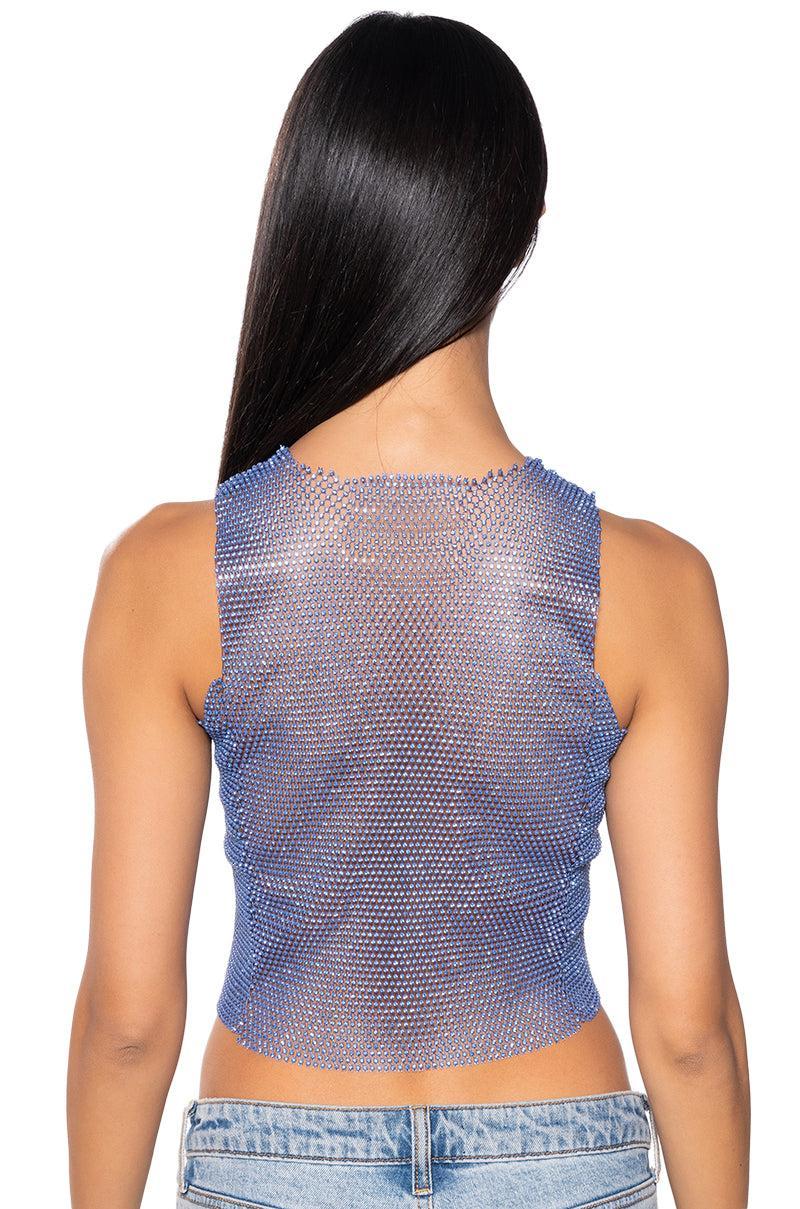 ZELDA RHINESTONE MESH SLEEVELESS TOP IN BLUE Product Image