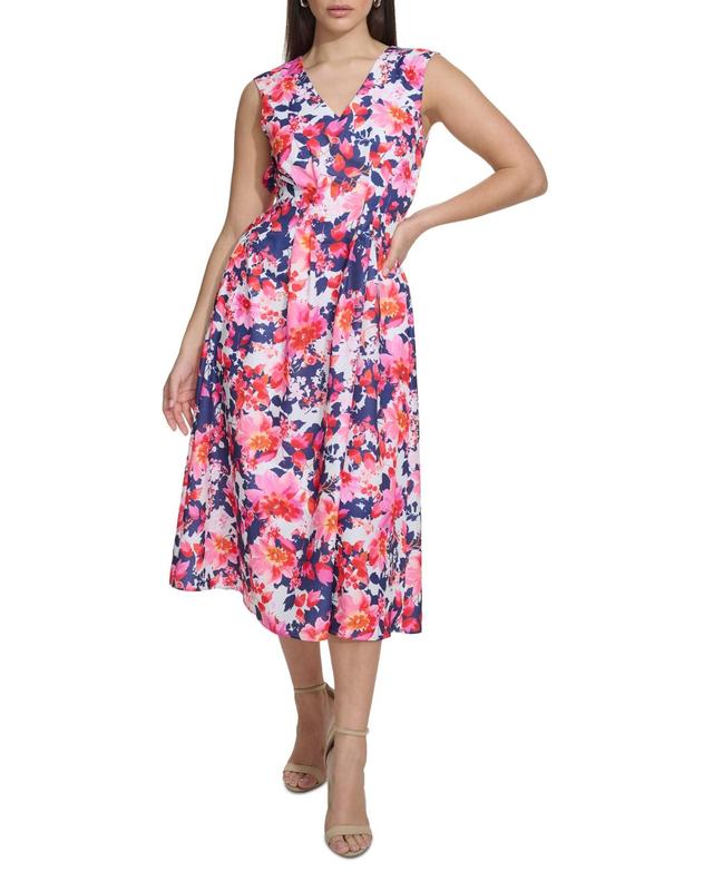 kensie Womens Floral-Print V-Neck A-Line Dress Product Image