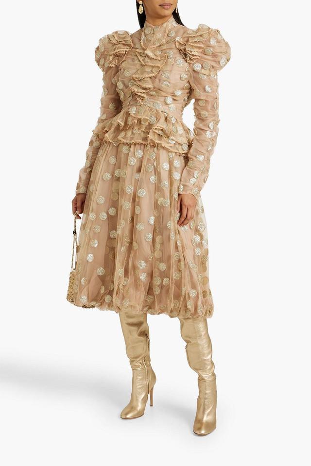 Ruffled Glittered Polka-dot Tulle Blouse In Beige Product Image