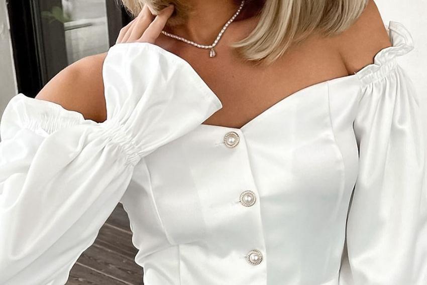 Long-Sleeve Off Shoulder Flowy Plain Blouse Product Image