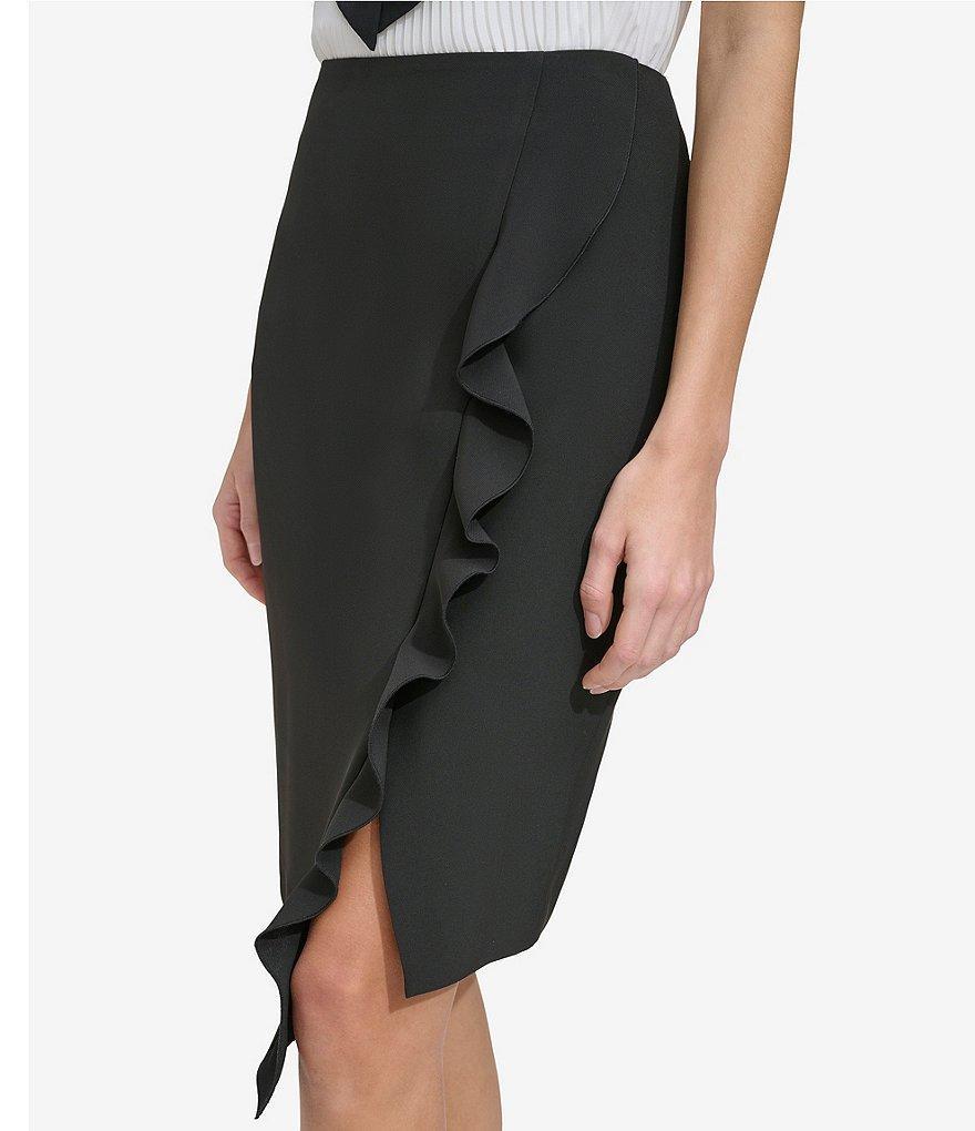 DKNY Stretch Drapey Twill Ruffle Front Skirt Product Image