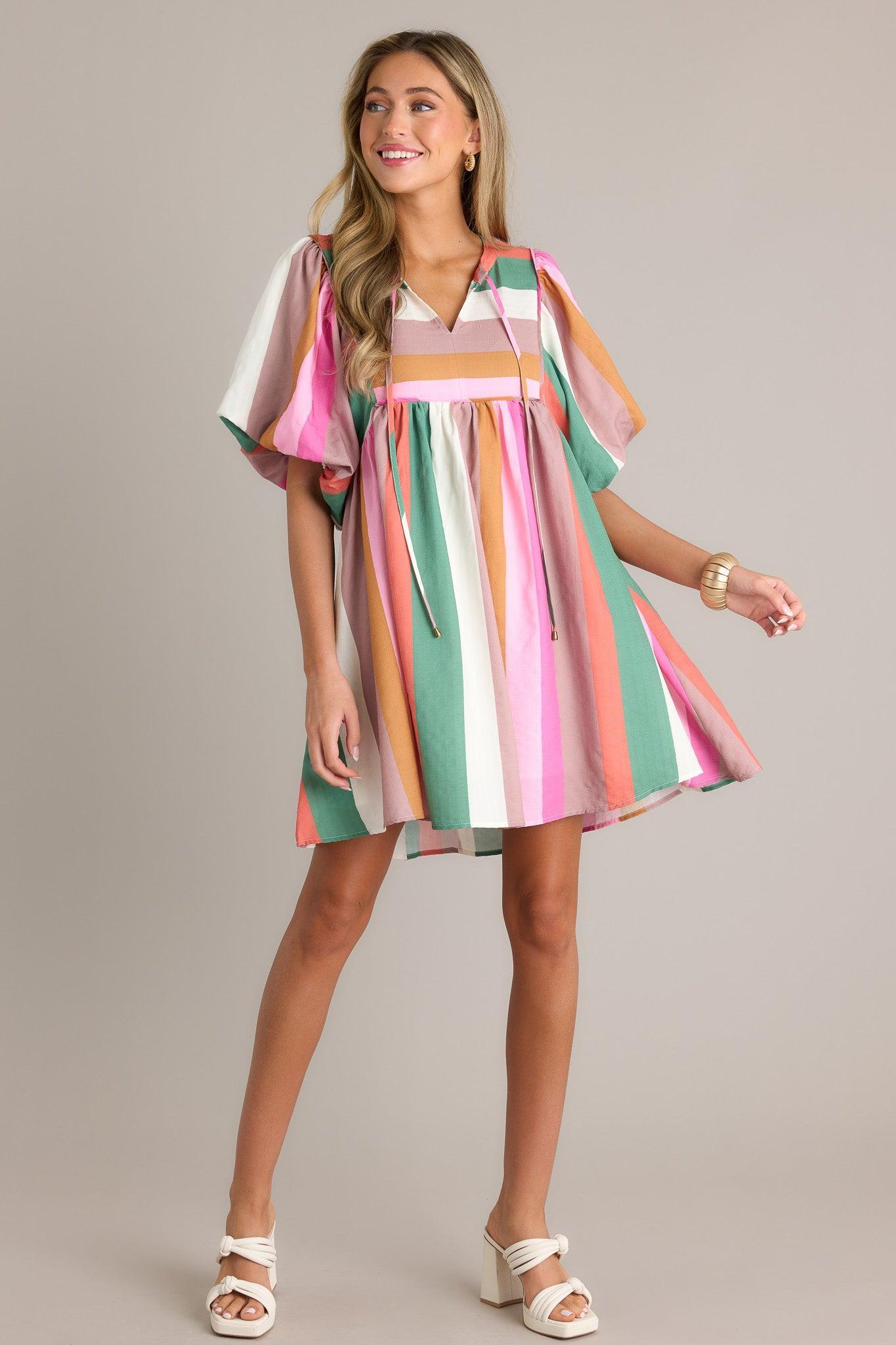 Riviera Retreat Green Multi Stripe Mini Dress Product Image