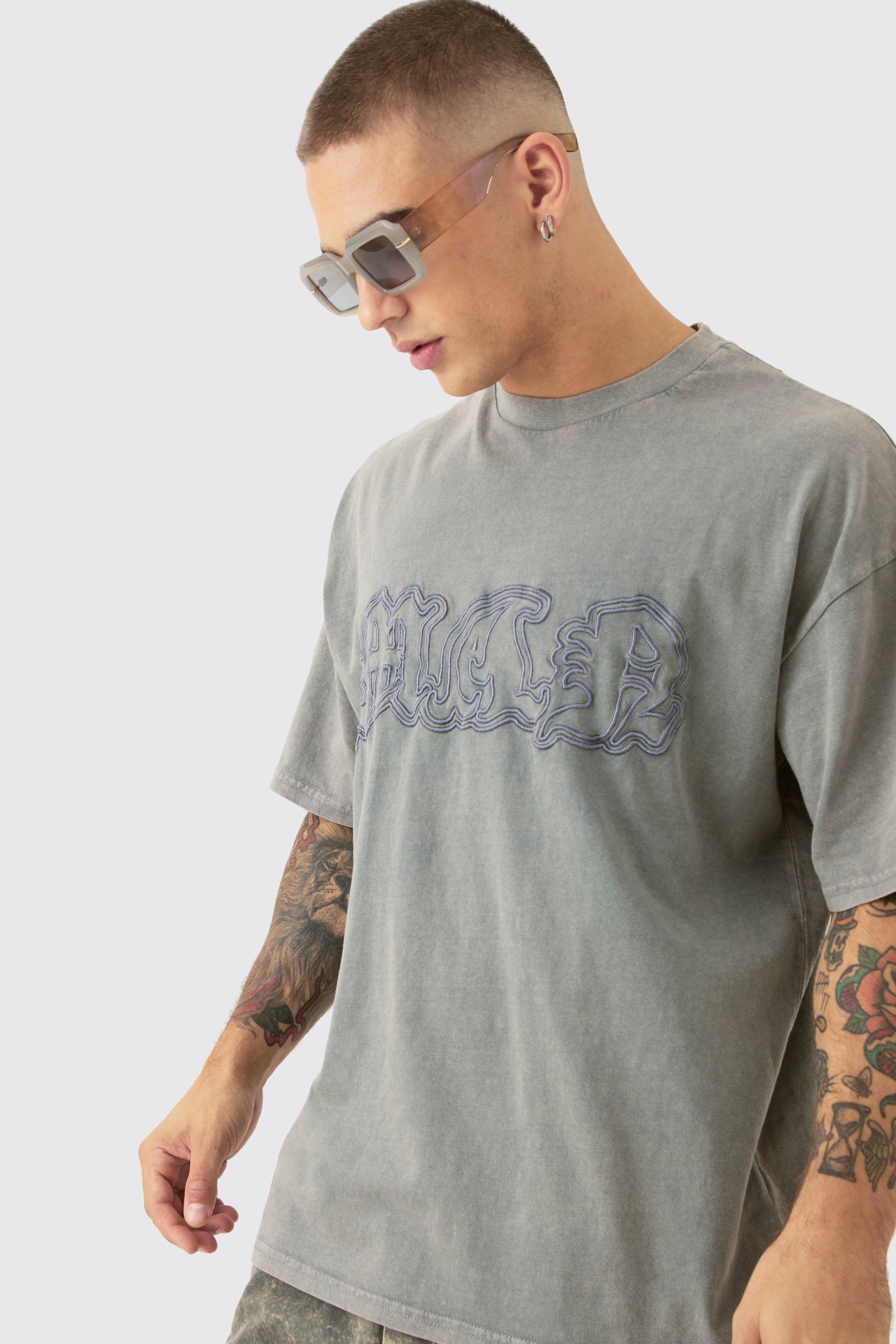 Mens Beige Oversized Acid Wash Man Embroidered Distressed T-shirt, Beige Product Image