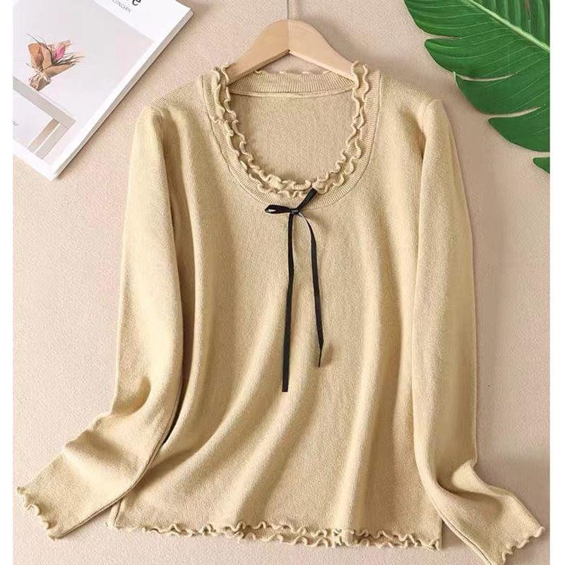 Long-Sleeve Crew Neck Bow Lettuce Edge Knit Top Product Image