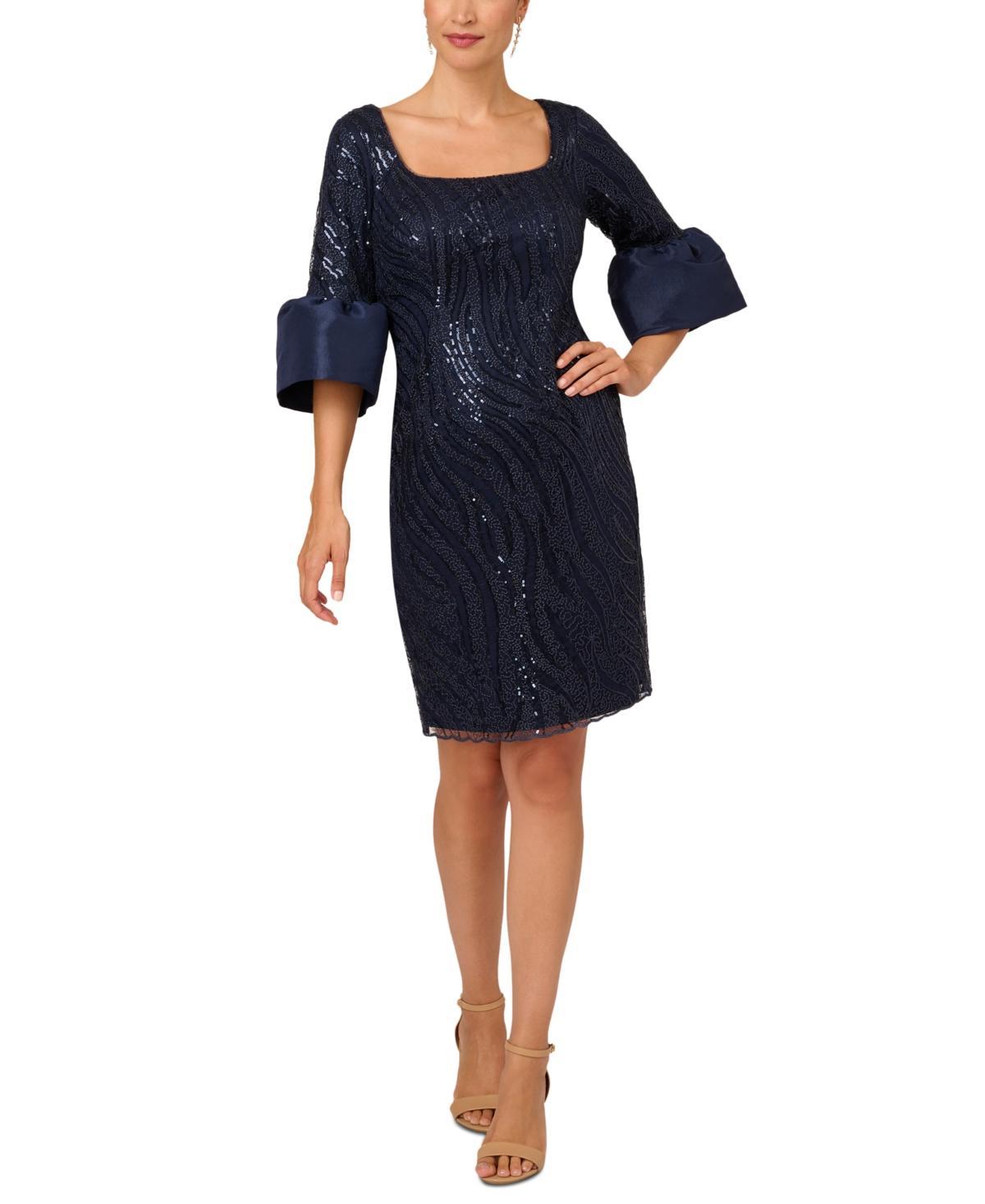 Adrianna Papell Womens Sequin-Embroidered Bell-Sleeve Dress Product Image