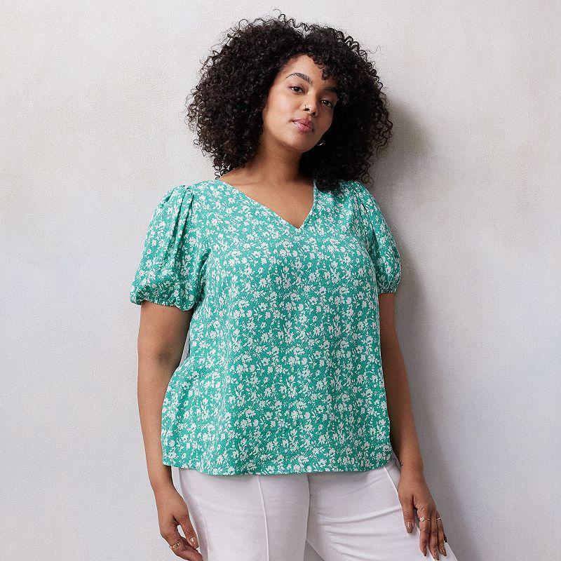 Plus Size LC Lauren Conrad V-Neck Short Puff Sleeve Woven Top, Womens Turquoise Spotty Blossom Product Image