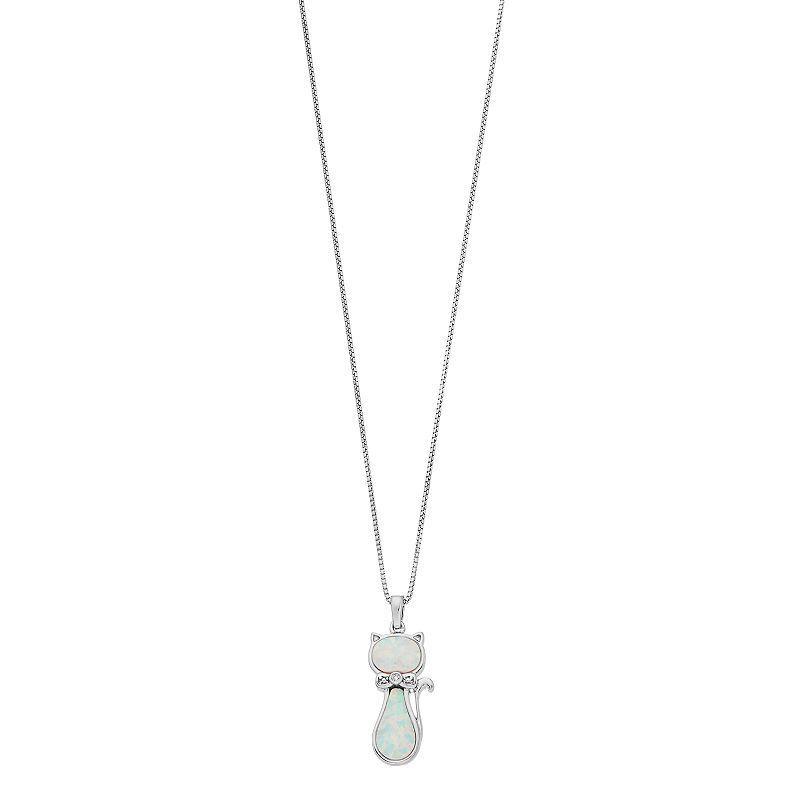 Gemminded Sterling Silver Lab-Created Opal & Diamond Accents Cat Pendant Necklace, Womens Product Image