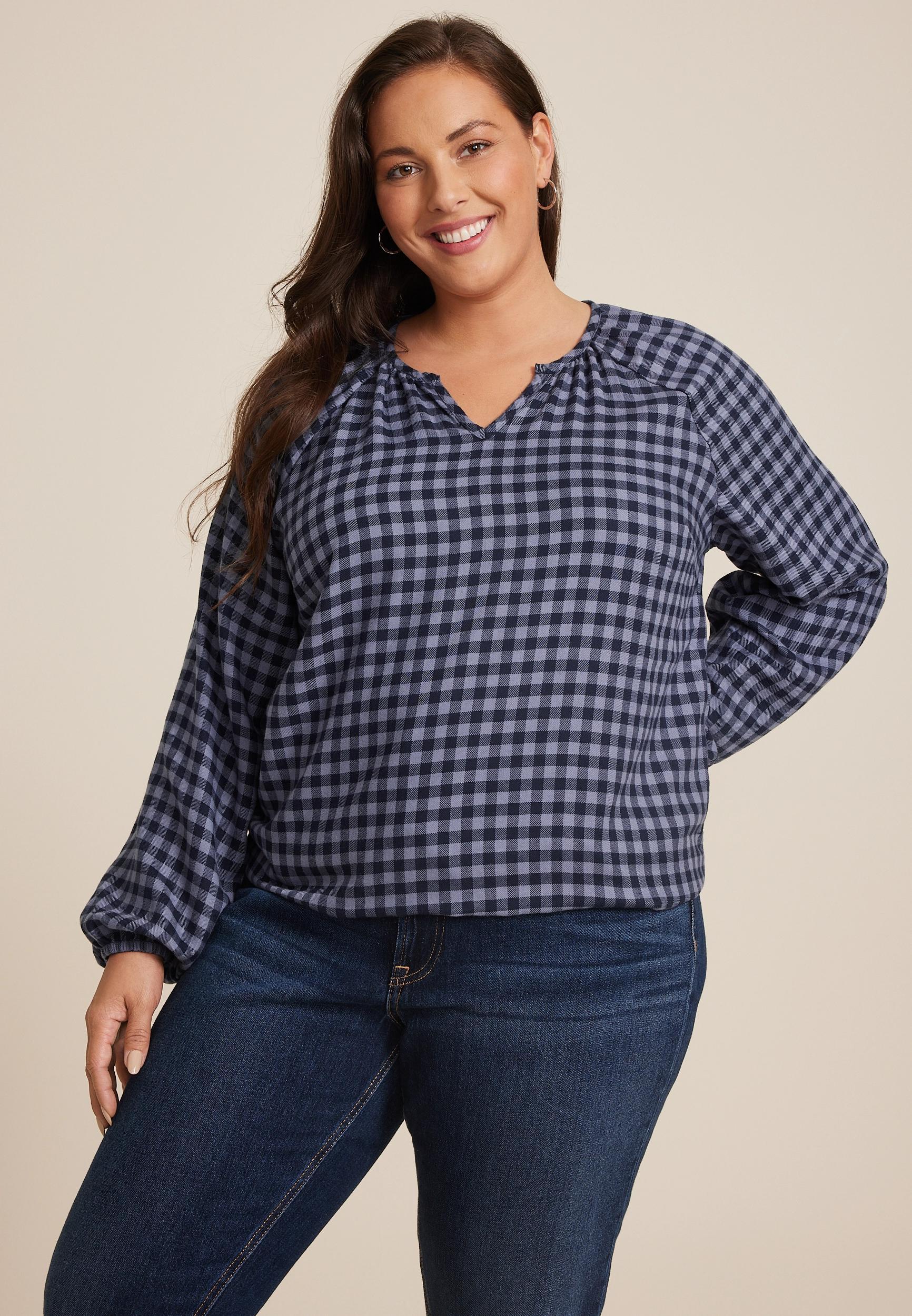 Maurices 0X Plus Size Womens Buffalo Check Notch Neck Blouse Blue Product Image