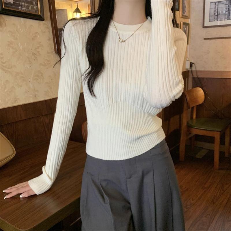 Long Sleeve Crew Neck Plain Ribbed Knit Crop Top Product Image