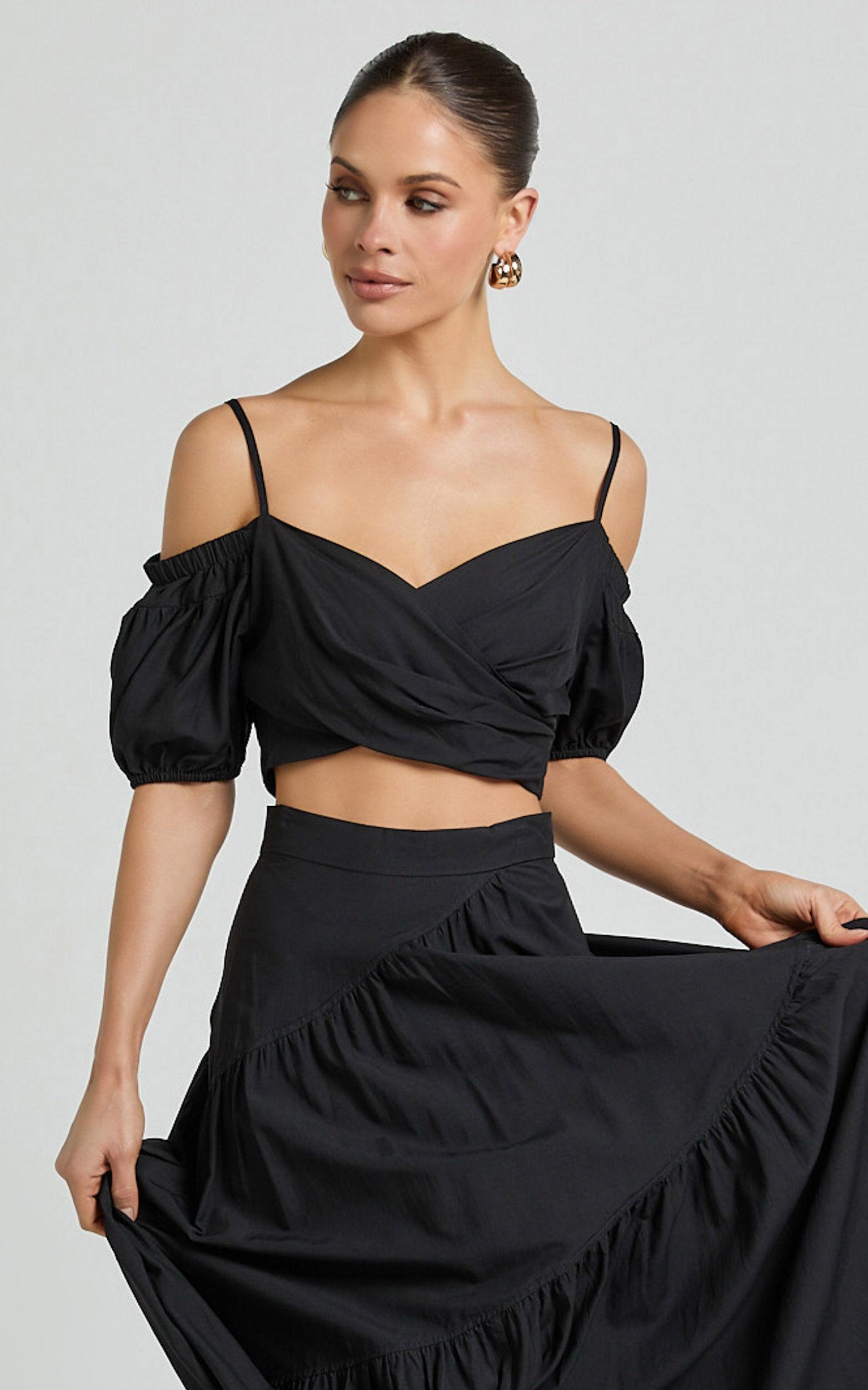 Bella Top - Off Shoulder Cross Over Puff Sleeve Crop Top in Black Product Image