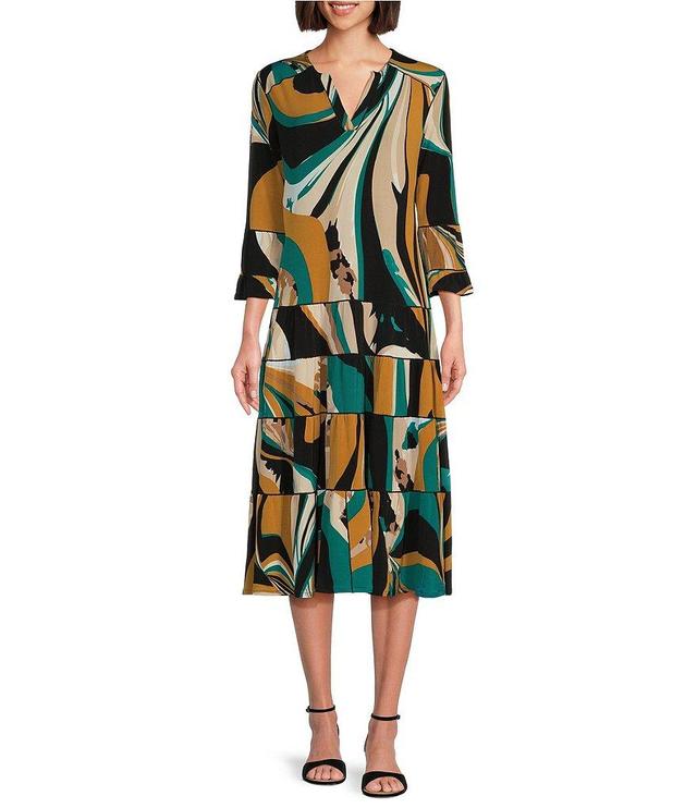 Eva Varro Knit Abstract Print Split V-Neck 3/4 Ruffle Sleeve Tiered A-Line Dress Product Image