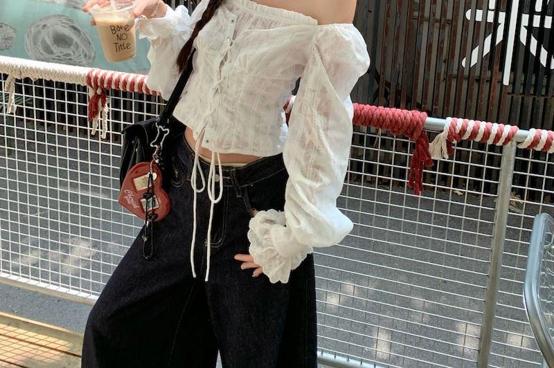 Long-Sleeve Off-Shoulder Plain Frill Trim Lace-Up Lace Crop Blouse Product Image