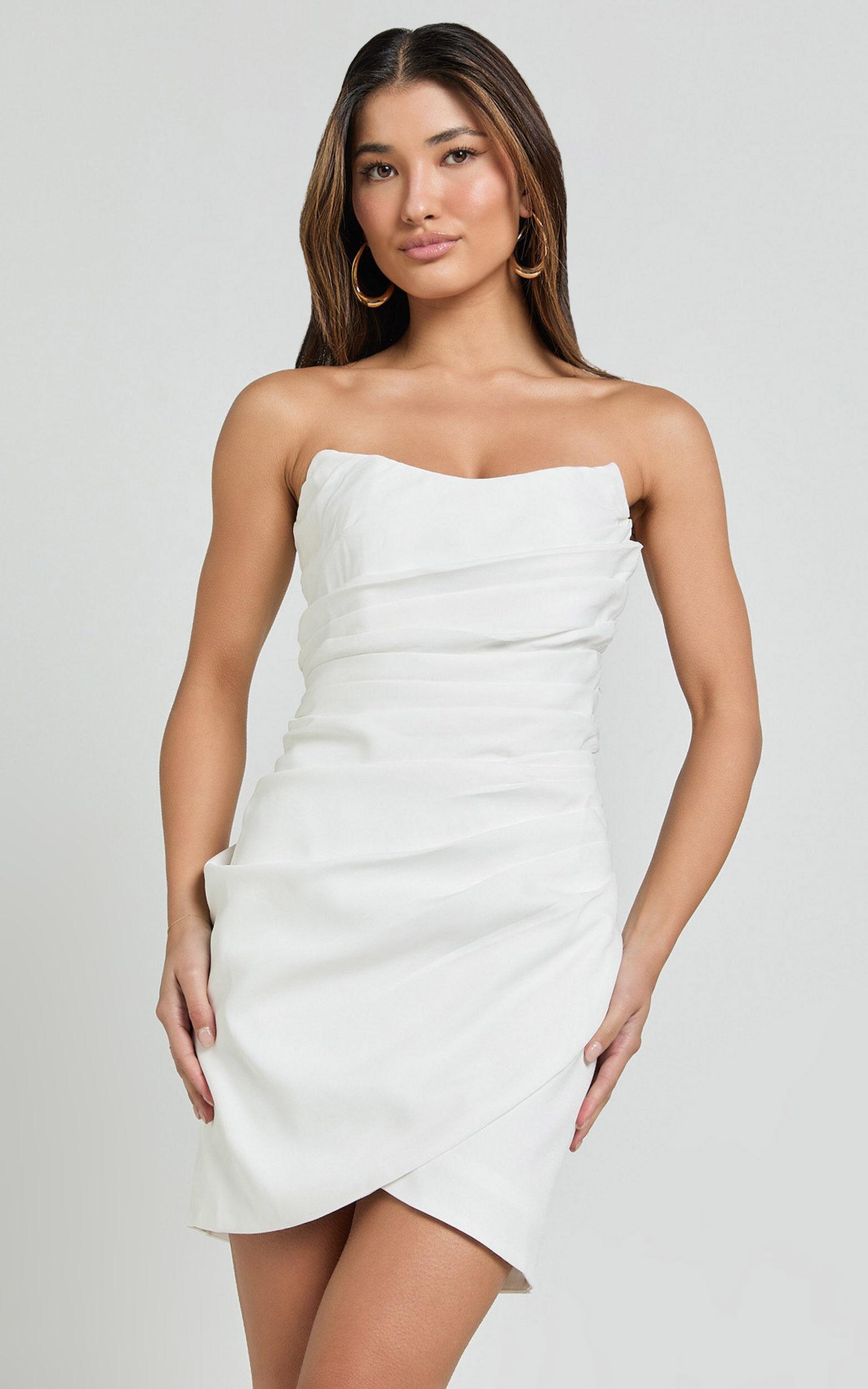 Akara Mini Dress - Strapless Wrap Dress in White Product Image